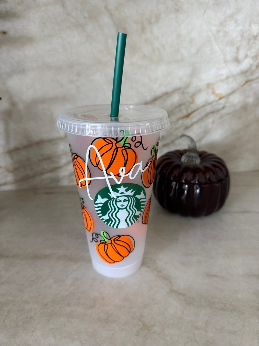 Starbucks Orange Pumpkin Decals Print Cup with Green Straw
